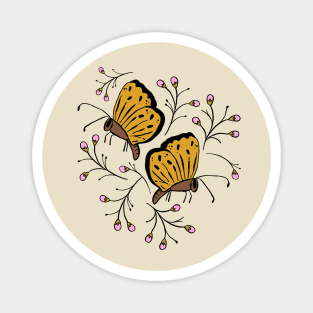 Mustard Colored Moths surrounded by Pink flower buds Magnet